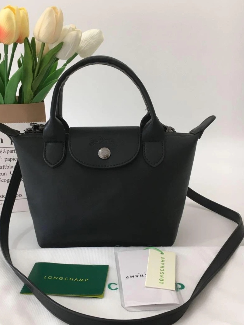 NWOT Longchamp Le Pliage  Mini Top-Handle Crossbody Black/Silver Hardware - Picture 15 of 15